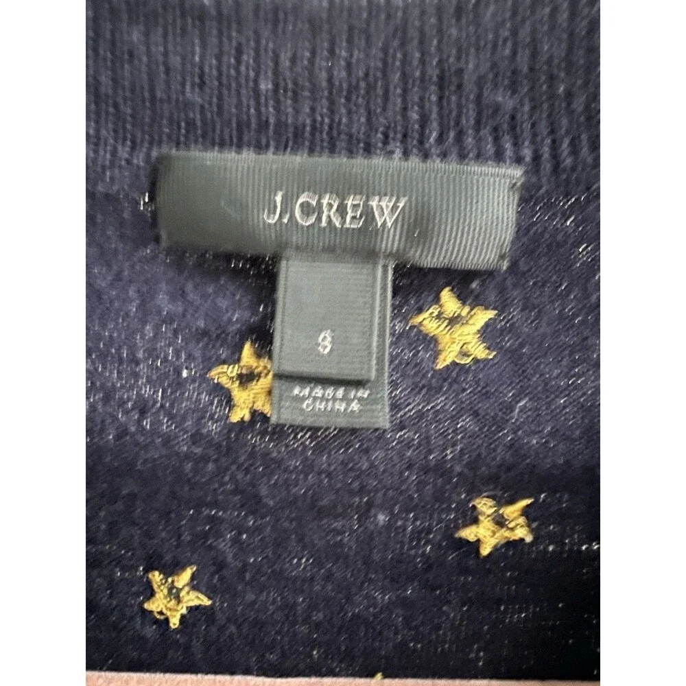 J. Crew Tippi Navy Sweater Embroidered Gold Stars 100% Merino Wool Size Small